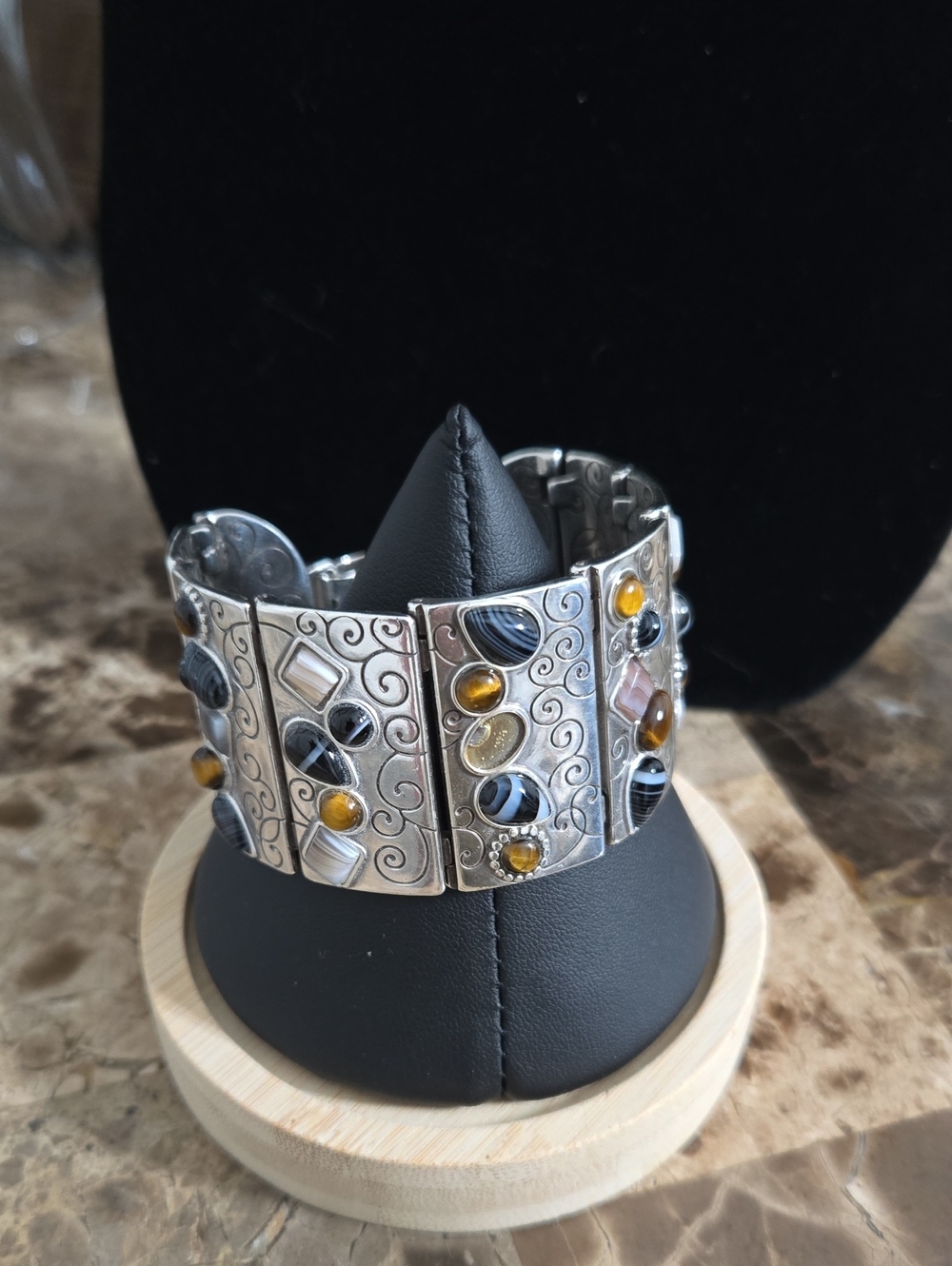 Brighton Silver-Tone Multi-Stone Panel Bracelet - Black, Yellow, Cream
